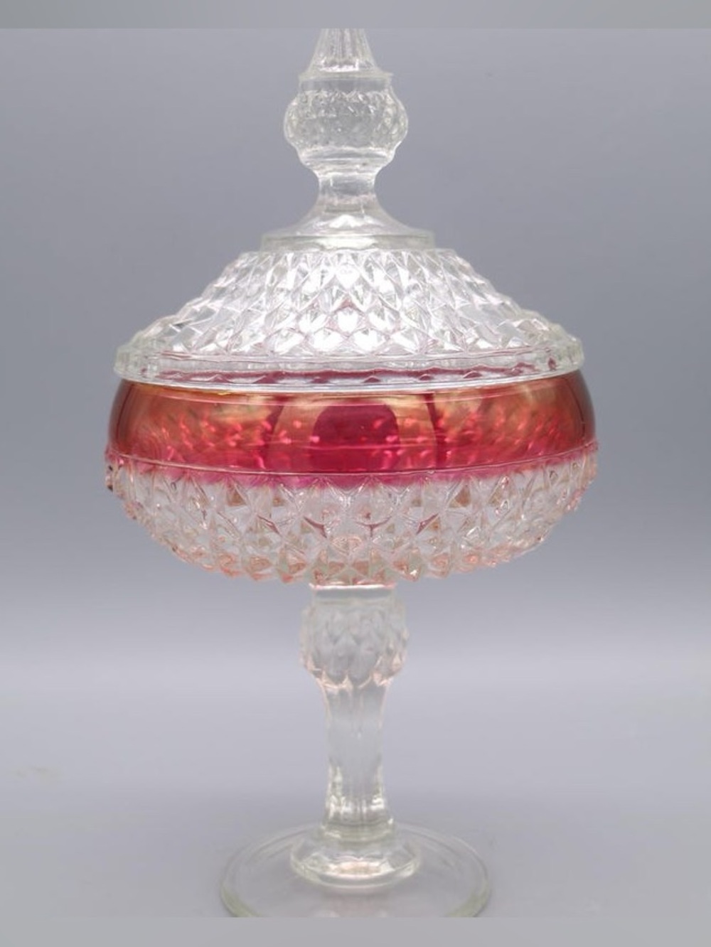 Vintage Indiana Glass Diamond Point Ruby Flash Pedestal Candy Dish
